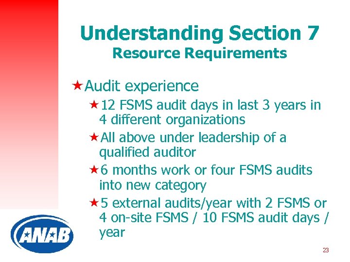 Understanding Section 7 Resource Requirements «Audit experience « 12 FSMS audit days in last