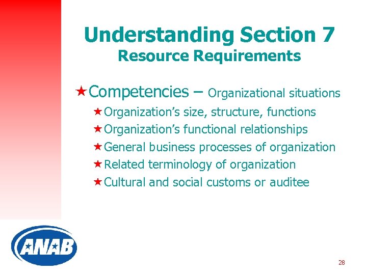 Understanding Section 7 Resource Requirements «Competencies – Organizational situations «Organization’s size, structure, functions «Organization’s