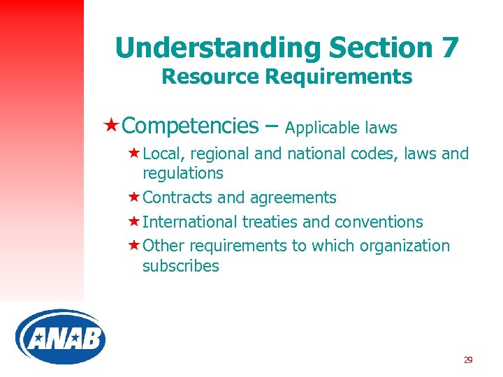 Understanding Section 7 Resource Requirements «Competencies – Applicable laws «Local, regional and national codes,