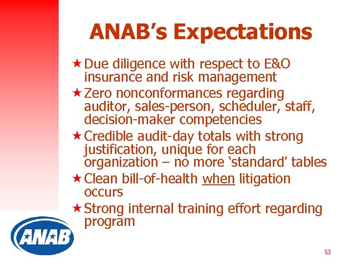 ANAB’s Expectations « Due diligence with respect to E&O insurance and risk management «