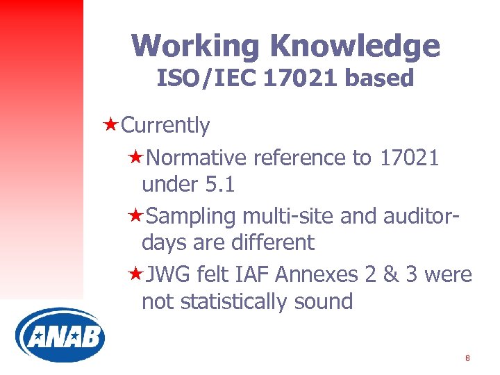 Working Knowledge ISO/IEC 17021 based «Currently «Normative reference to 17021 under 5. 1 «Sampling