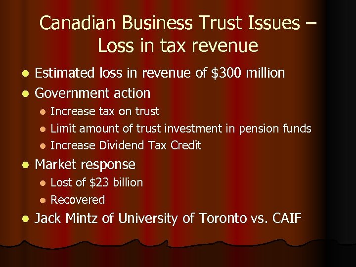 Canadian Business Trust Issues – Loss in tax revenue Estimated loss in revenue of