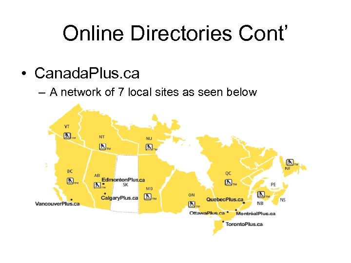 Online Directories Cont’ • Canada. Plus. ca – A network of 7 local sites
