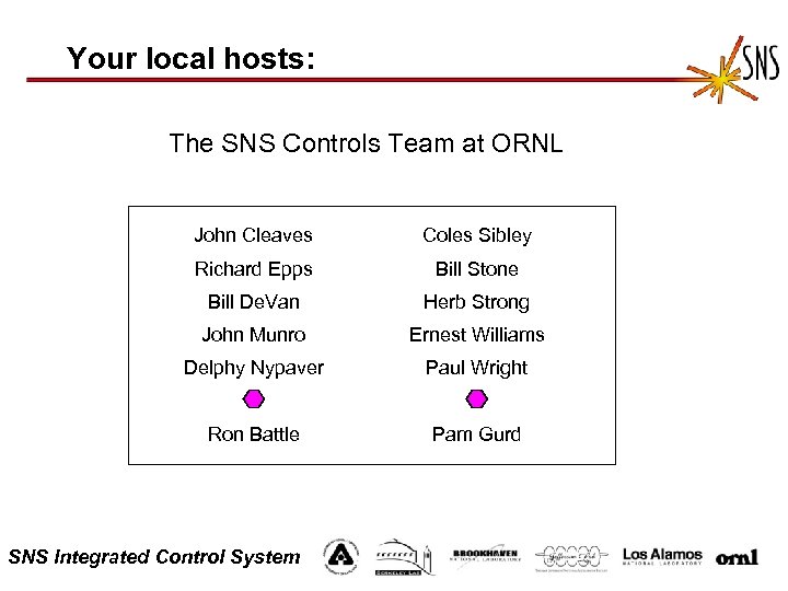 Your local hosts: The SNS Controls Team at ORNL John Cleaves Coles Sibley Richard