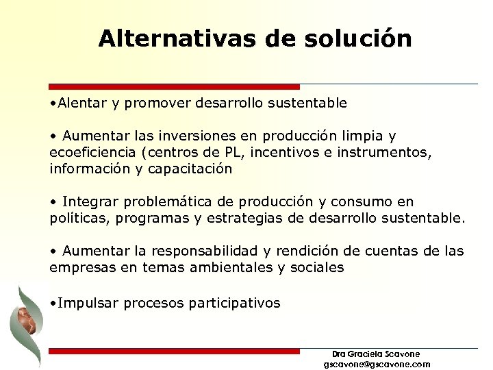  Alternativas de solución • Alentar y promover desarrollo sustentable • Aumentar las inversiones