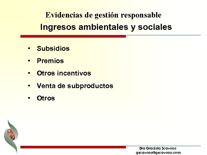 Evidencias de gestión responsable Ingresos ambientales y sociales • Subsidios • Premios • Otros