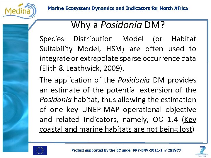 Marine Ecosystem Dynamics and Indicators for North Africa Why a Posidonia DM? Species Distribution