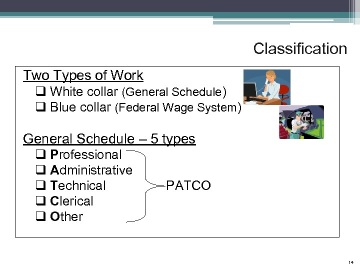 Classification Two Types of Work q White collar (General Schedule) q Blue collar (Federal