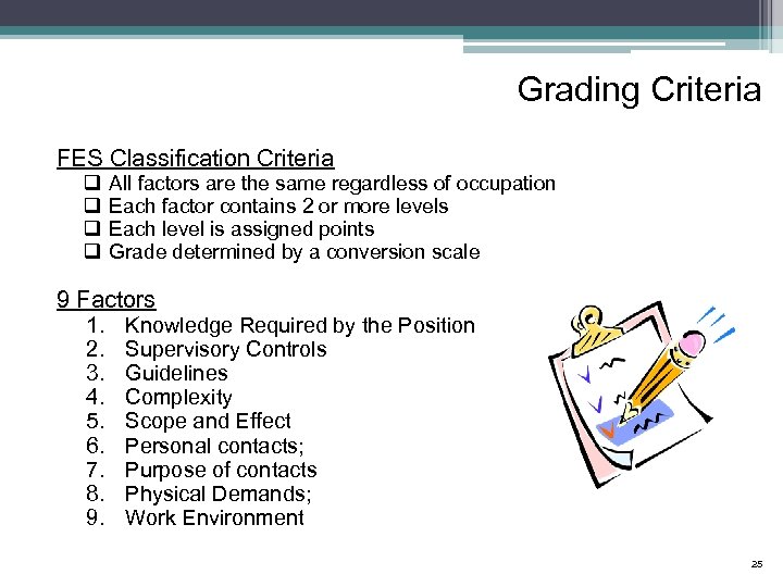Grading Criteria FES Classification Criteria q q All factors are the same regardless of