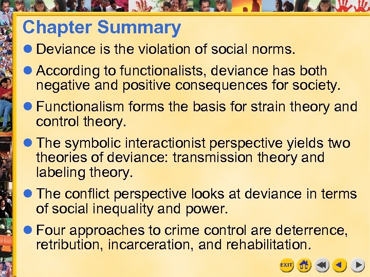 Chapter Summary l Deviance is the violation of social norms. l According to functionalists,