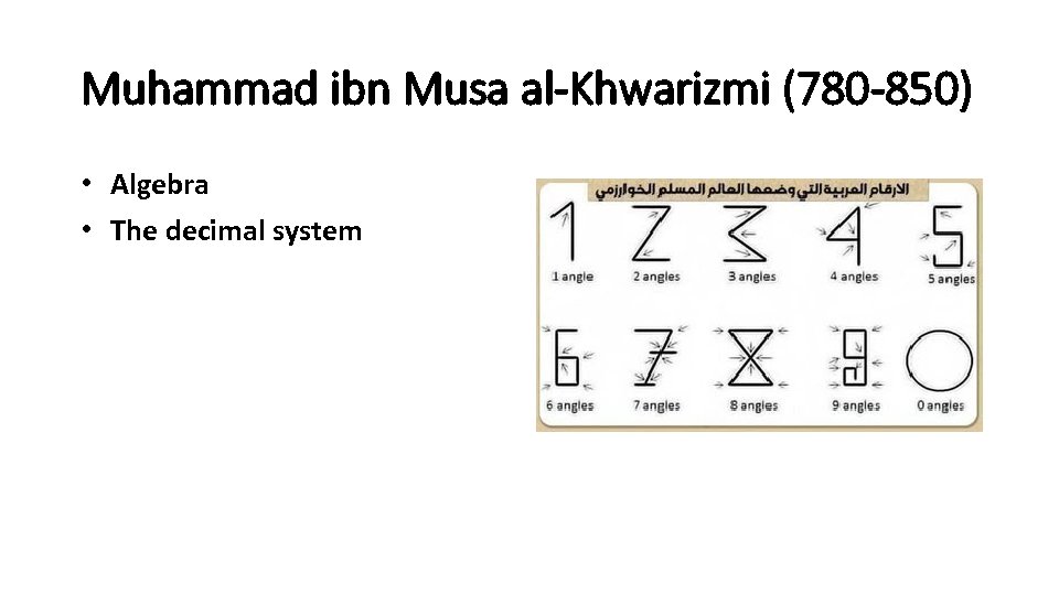 Muhammad ibn Musa al-Khwarizmi (780 -850) • Algebra • The decimal system 