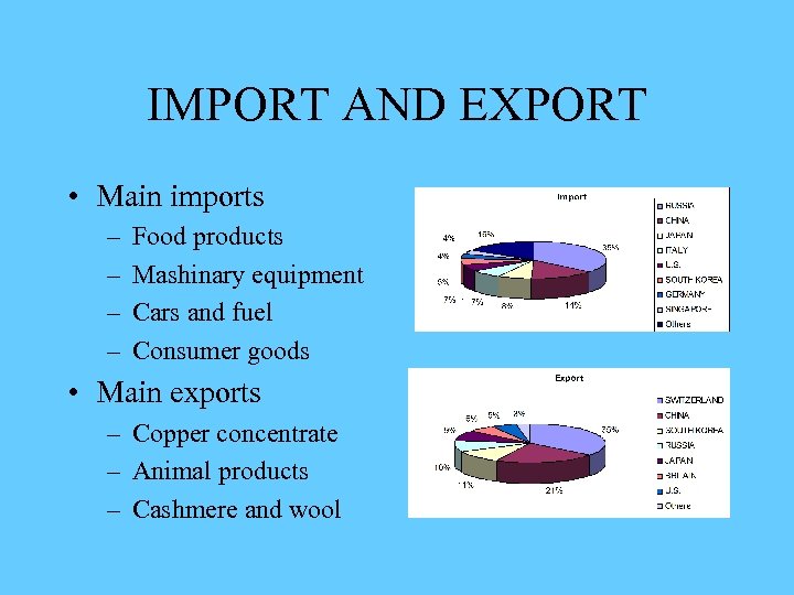 IMPORT AND EXPORT • Main imports – – Food products Mashinary equipment Cars and