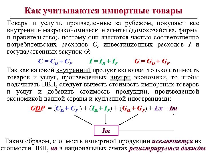 Как учитываются импортные товары Товары и услуги, произведенные за рубежом, покупают все внутренние макроэкономические