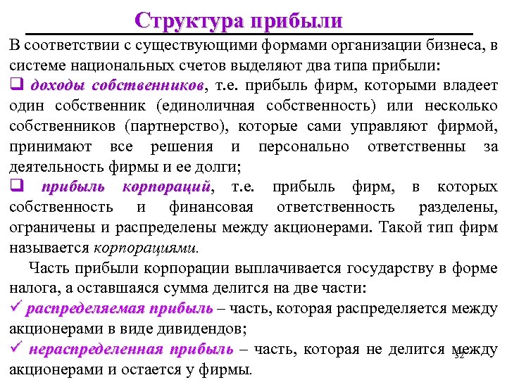 Структура прибыли В соответствии с существующими формами организации бизнеса, в системе национальных счетов выделяют