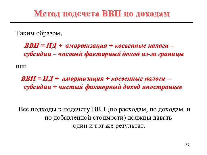 Метод подсчета ВВП по доходам Таким образом, ВВП = НД + амортизация + косвенные