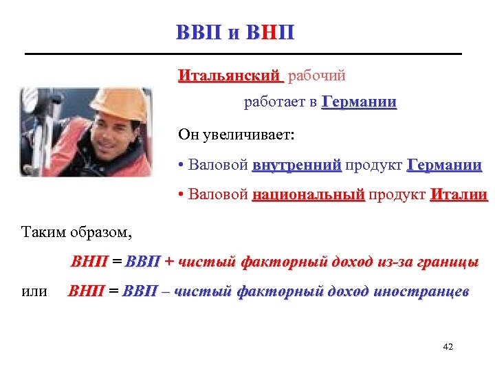 ВВП и ВНП Итальянский рабочий работает в Германии Он увеличивает: • Валовой внутренний продукт