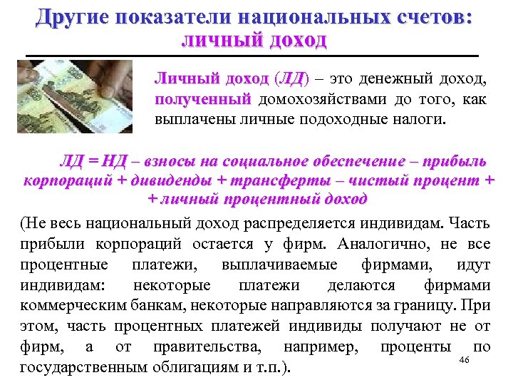 Другие показатели национальных счетов: личный доход Личный доход (ЛД) – это денежный доход, ЛД