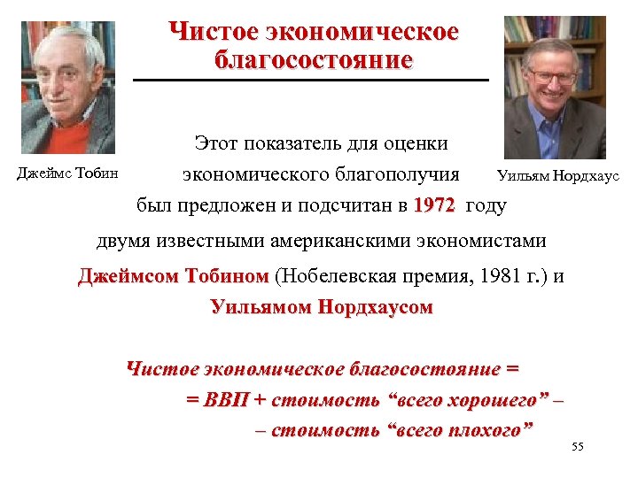 Чистое экономическое благосостояние Джеймс Тобин Этот показатель для оценки экономического благополучия Уильям Нордхаус был