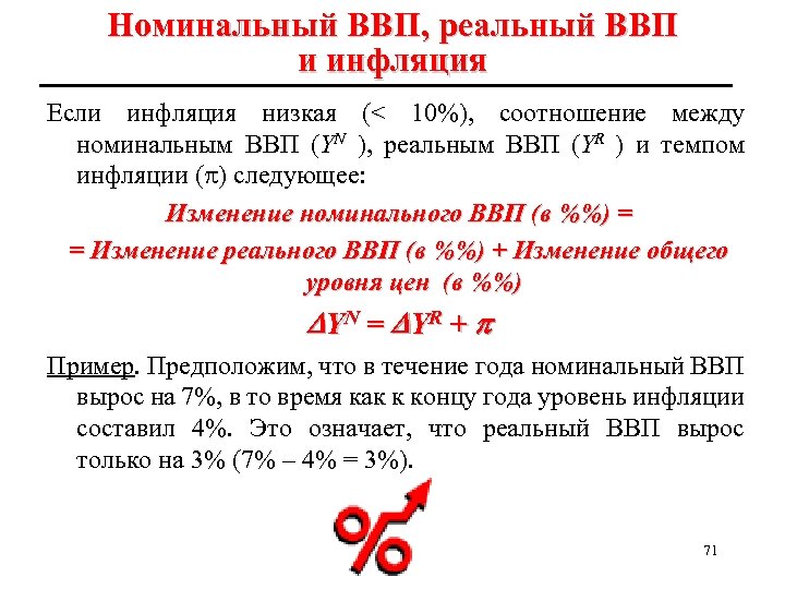 Номинальный ВВП, реальный ВВП и инфляция Если инфляция низкая (< 10%), соотношение между номинальным