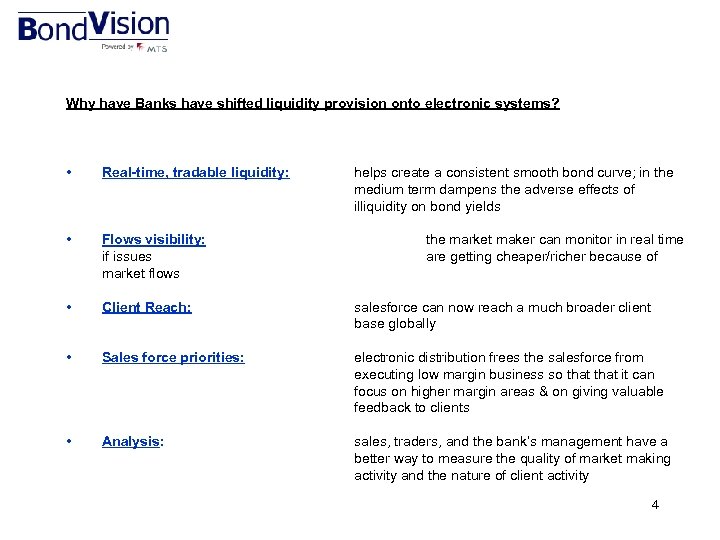 Why have Banks have shifted liquidity provision onto electronic systems? • Real-time, tradable liquidity: