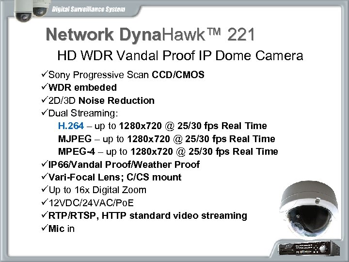 Network Dyna. Hawk™ 221 HD WDR Vandal Proof IP Dome Camera üSony Progressive Scan