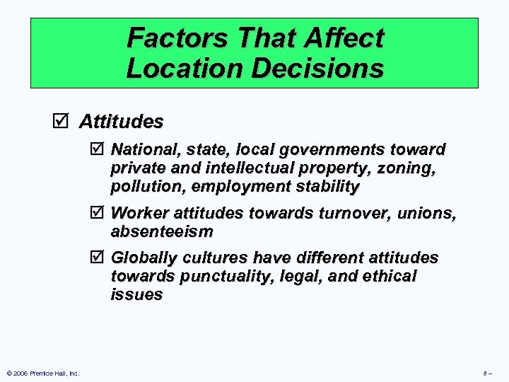 Factors That Affect Location Decisions þ Attitudes þ National, state, local governments toward private
