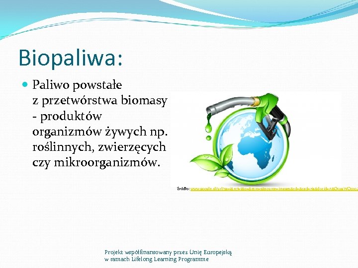 Biopaliwa: Paliwo powstałe z przetwórstwa biomasy - produktów organizmów żywych np. roślinnych, zwierzęcych czy