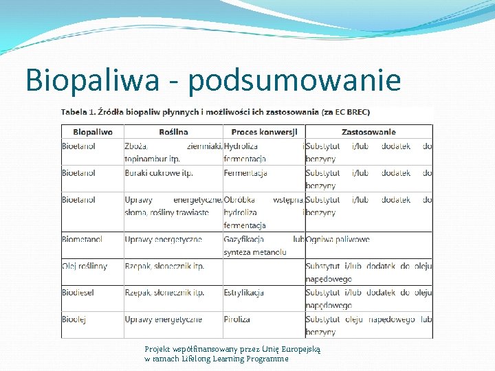 Biopaliwa - podsumowanie Projekt współfinansowany przez Unię Europejską w ramach Lifelong Learning Programme 