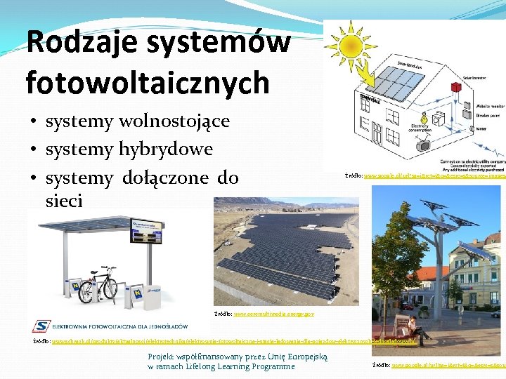 Rodzaje systemów fotowoltaicznych • systemy wolnostojące • systemy hybrydowe • systemy dołączone do sieci