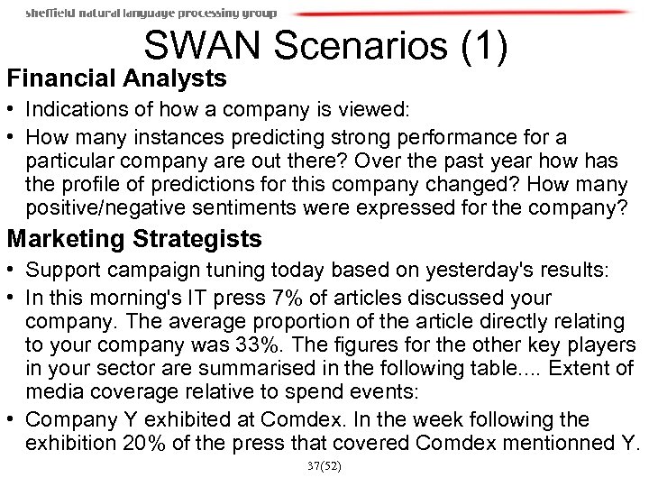 SWAN Scenarios (1) Financial Analysts • Indications of how a company is viewed: •
