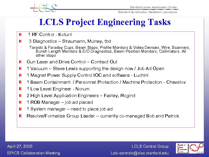 LCLS Project Engineering Tasks 1 RF Control - Koturri 3 Diagnostics – Straumann, Murray,