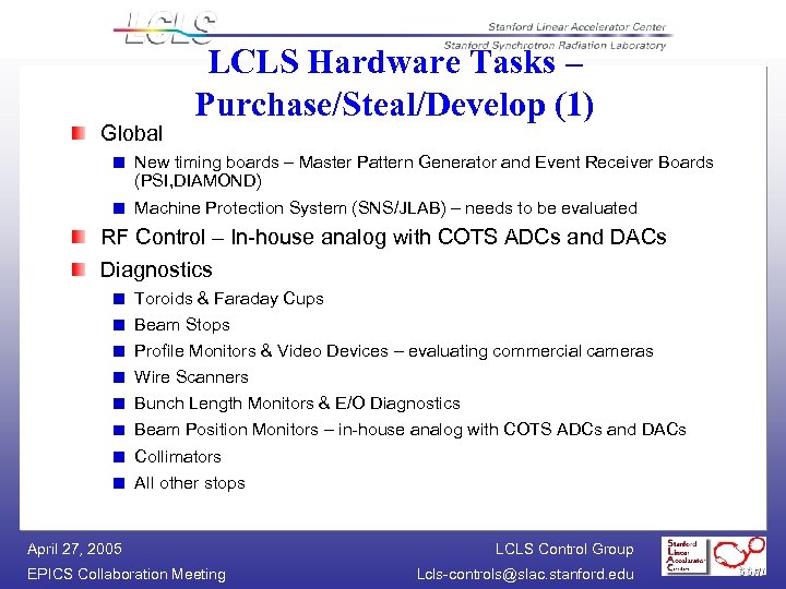 Global LCLS Hardware Tasks – Purchase/Steal/Develop (1) New timing boards – Master Pattern Generator