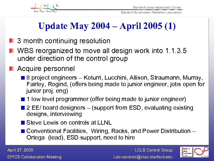 Update May 2004 – April 2005 (1) 3 month continuing resolution WBS reorganized to