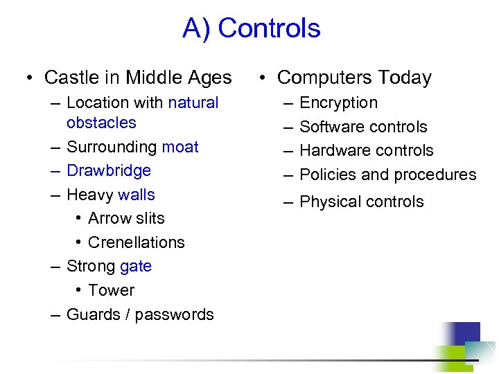 A) Controls • Castle in Middle Ages – Location with natural obstacles – Surrounding