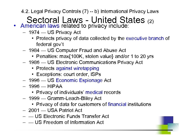 4. 2. Legal Privacy Controls (7) -- b) International Privacy Laws Sectoral Laws -