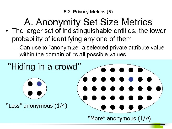 5. 3. Privacy Metrics (5) A. Anonymity Set Size Metrics • The larger set