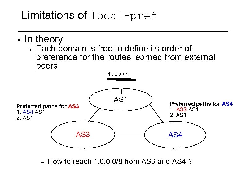 Limitations of local-pref § In theory Each domain is free to define its order