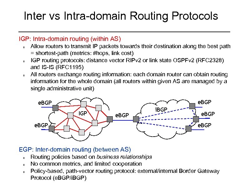 Inter vs Intra-domain Routing Protocols IGP: Intra-domain routing (within AS) Allow routers to transmit