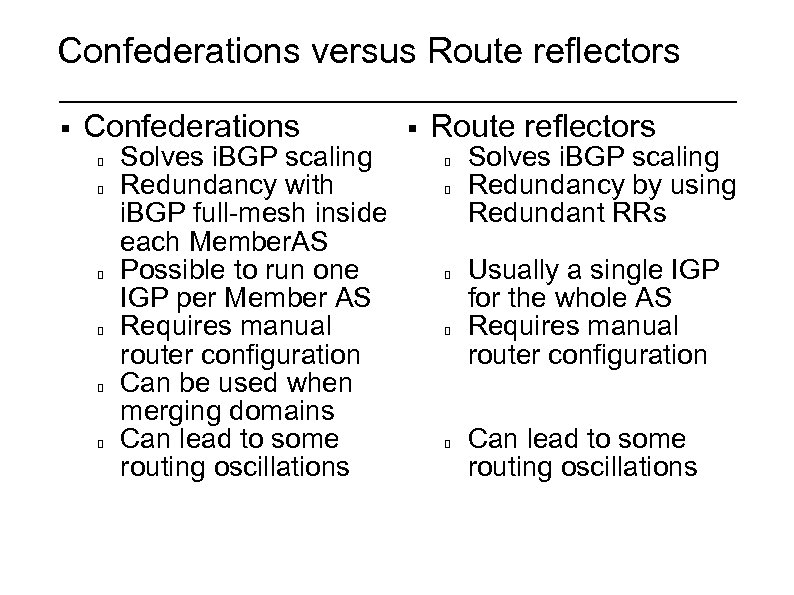 Confederations versus Route reflectors § Confederations Solves i. BGP scaling Redundancy with i. BGP