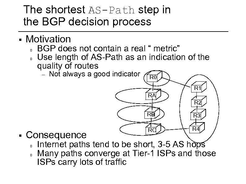 The shortest AS-Path step in the BGP decision process § Motivation BGP does not