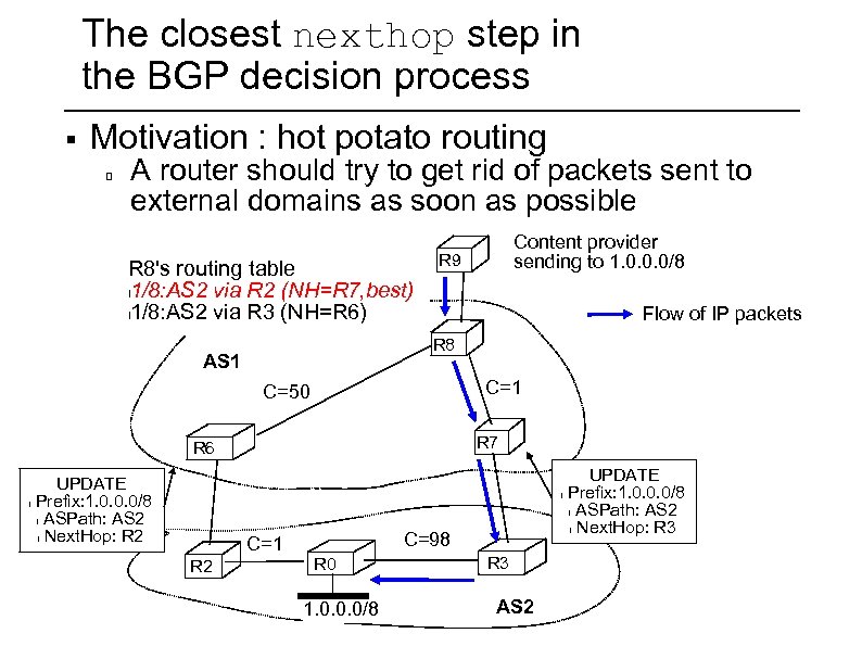 The closest nexthop step in the BGP decision process § Motivation : hot potato