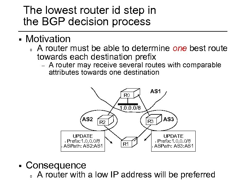 The lowest router id step in the BGP decision process § Motivation A router