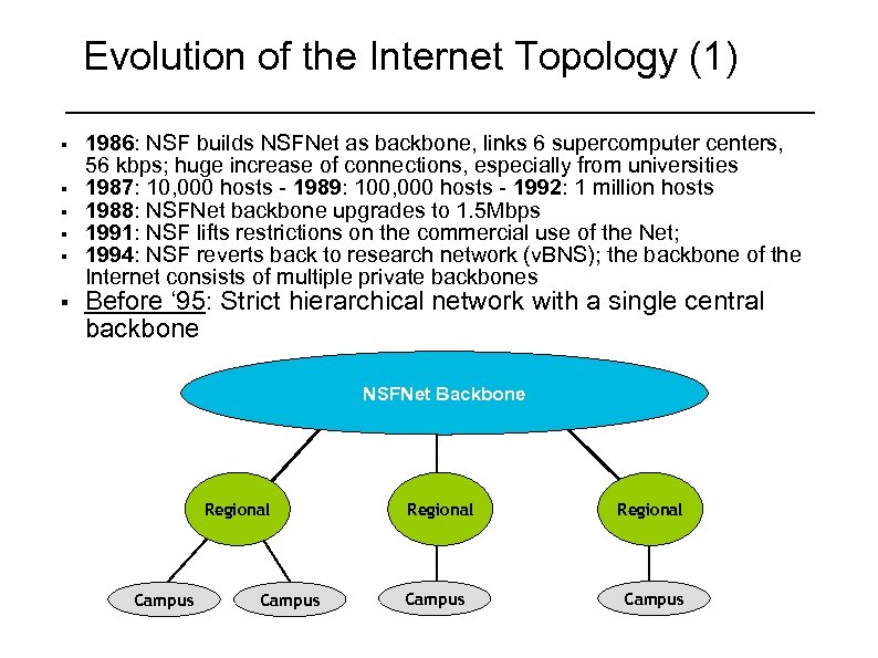 Evolution of the Internet Topology (1) § § § 1986: NSF builds NSFNet as