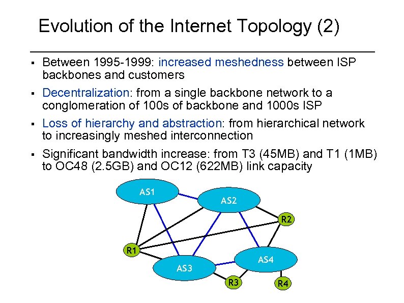 Evolution of the Internet Topology (2) § § Between 1995 -1999: increased meshedness between