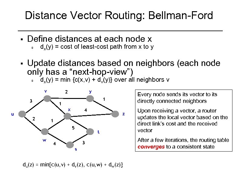 Distance Vector Routing: Bellman-Ford § Define distances at each node x § dx(y) =