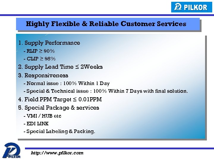 Highly Flexible & Reliable Customer Services 1. Supply Performance - RLIP ≥ 90% -
