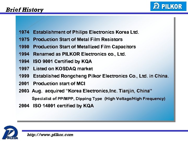 Brief History 1974 Establishment of Philips Electronics Korea Ltd. 1975 Production Start of Metal
