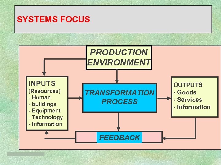 SYSTEMS FOCUS PRODUCTION ENVIRONMENT INPUTS (Resources) - Human - buildings - Equipment - Technology