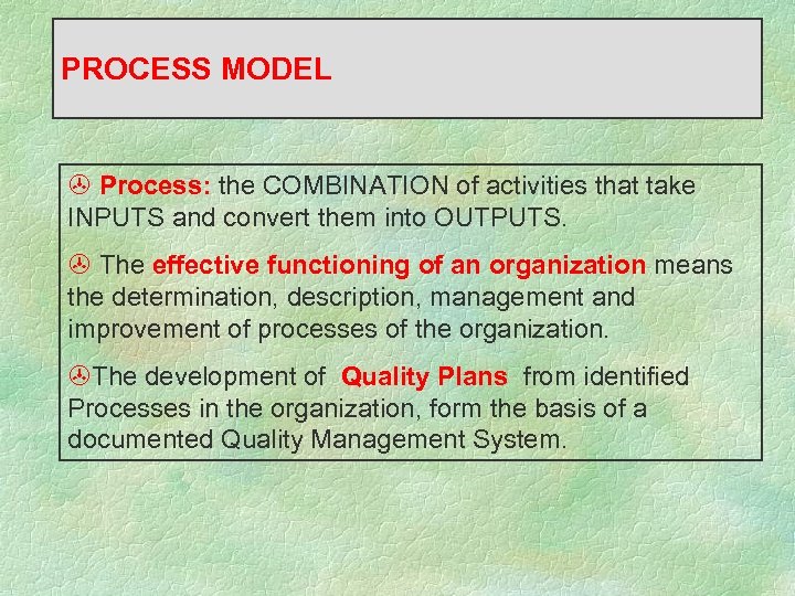 PROCESS MODEL > Process: the COMBINATION of activities that take INPUTS and convert them