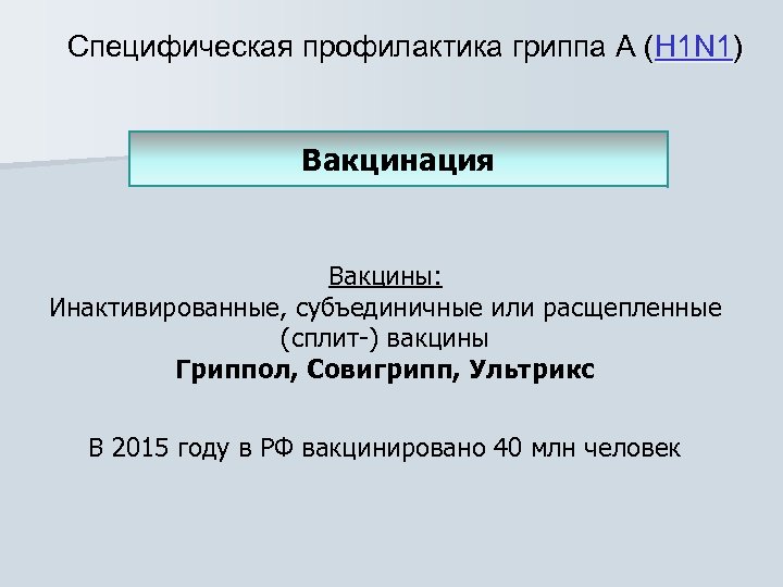 Специфическая профилактика гриппа А (H 1 N 1) Вакцинация Вакцины: Инактивированные, субъединичные или расщепленные